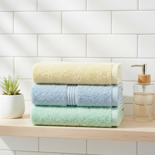 Three pastel towels stacked clean white studio background
