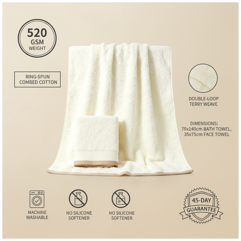 Towel set product infographic 520 GSM features sand background