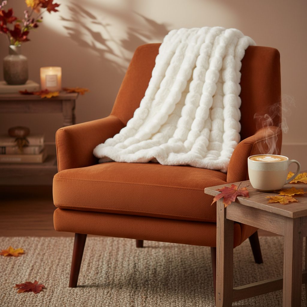 Plush bubble blanket on burnt orange armchair with autumn decor