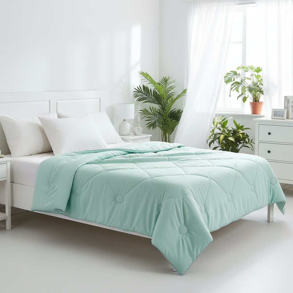 Mint comforter on queen bed bright airy bedroom tropical plants