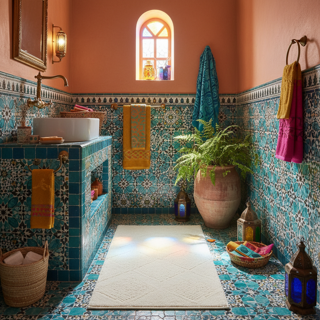Cream bath mat Moroccan turquoise blue tile bohemian bathroom