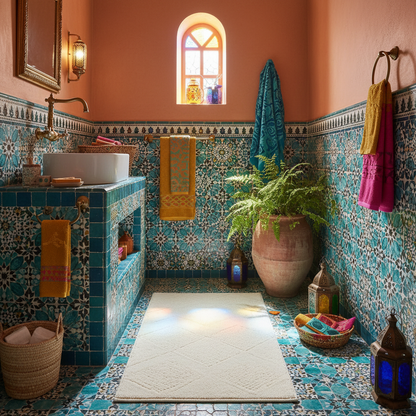 Cream bath mat Moroccan turquoise blue tile bohemian bathroom
