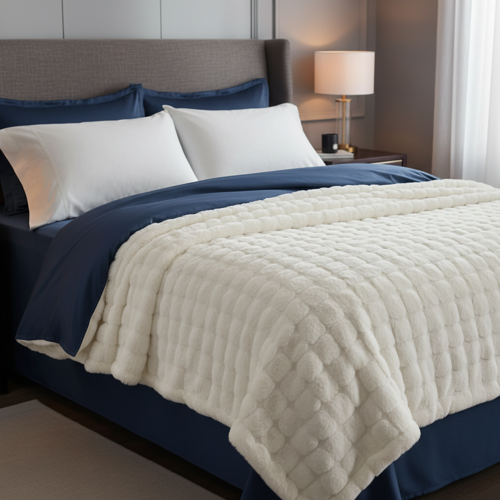 Bubble blanket on navy blue bed elegant bedroom setup