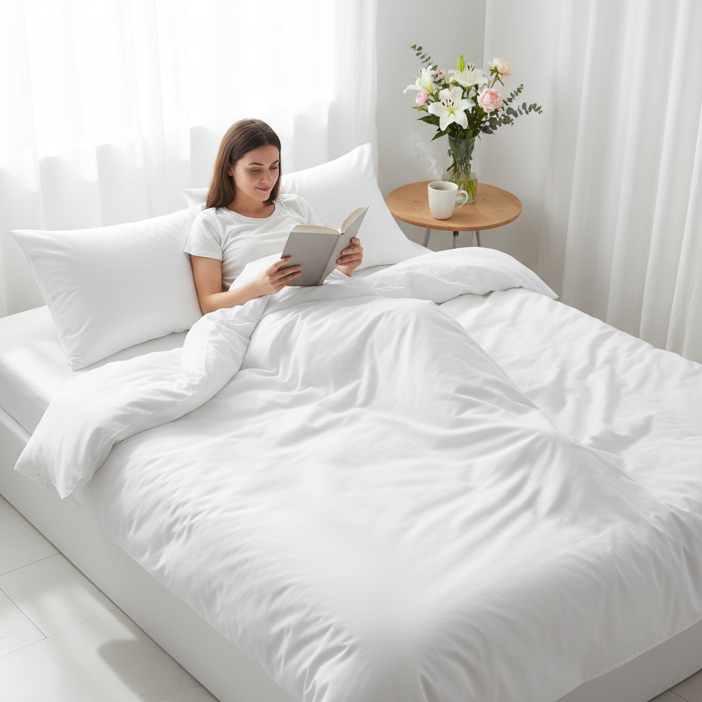 Morning reading lifestyle white duvet