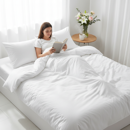 Morning reading lifestyle white duvet