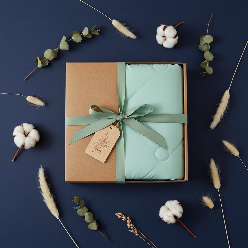 Mint comforter gift in kraft box sage ribbon botanicals navy background