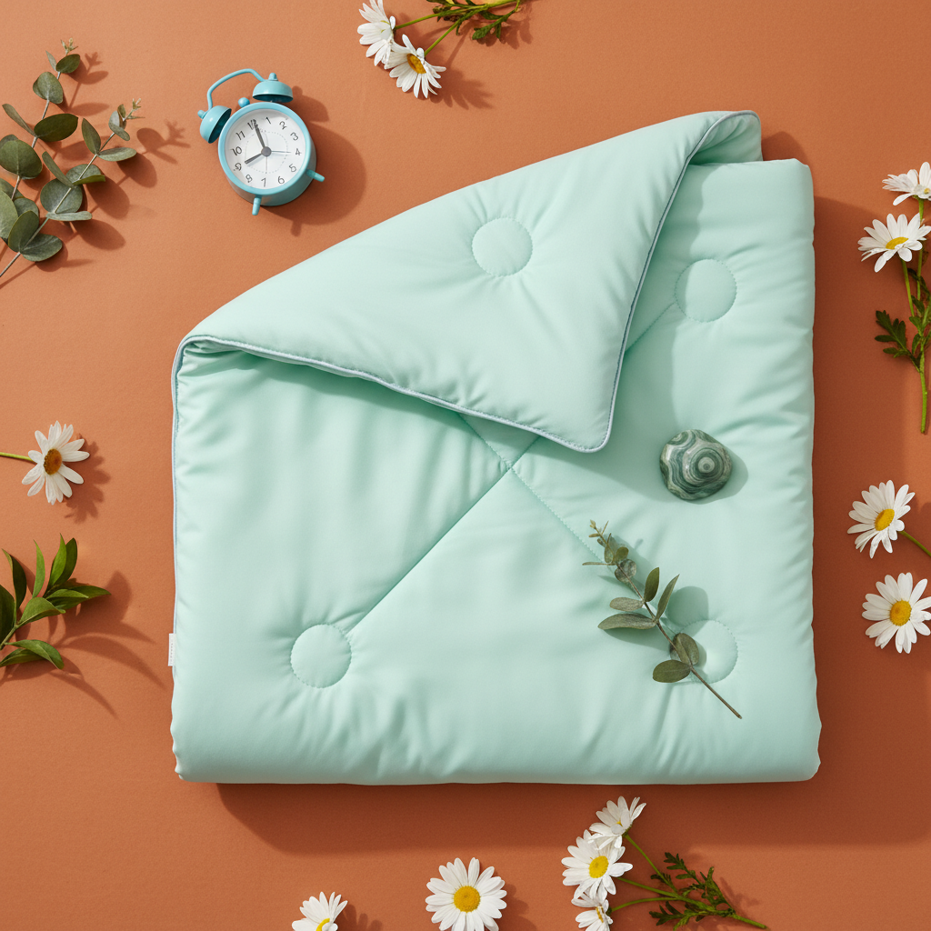 Flat lay mint comforter terracotta surface eucalyptus daisies alarm clock
