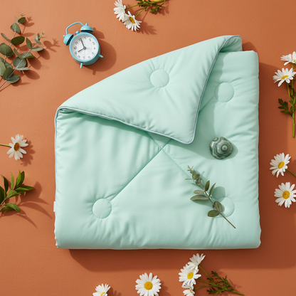 Flat lay mint comforter terracotta surface eucalyptus daisies alarm clock