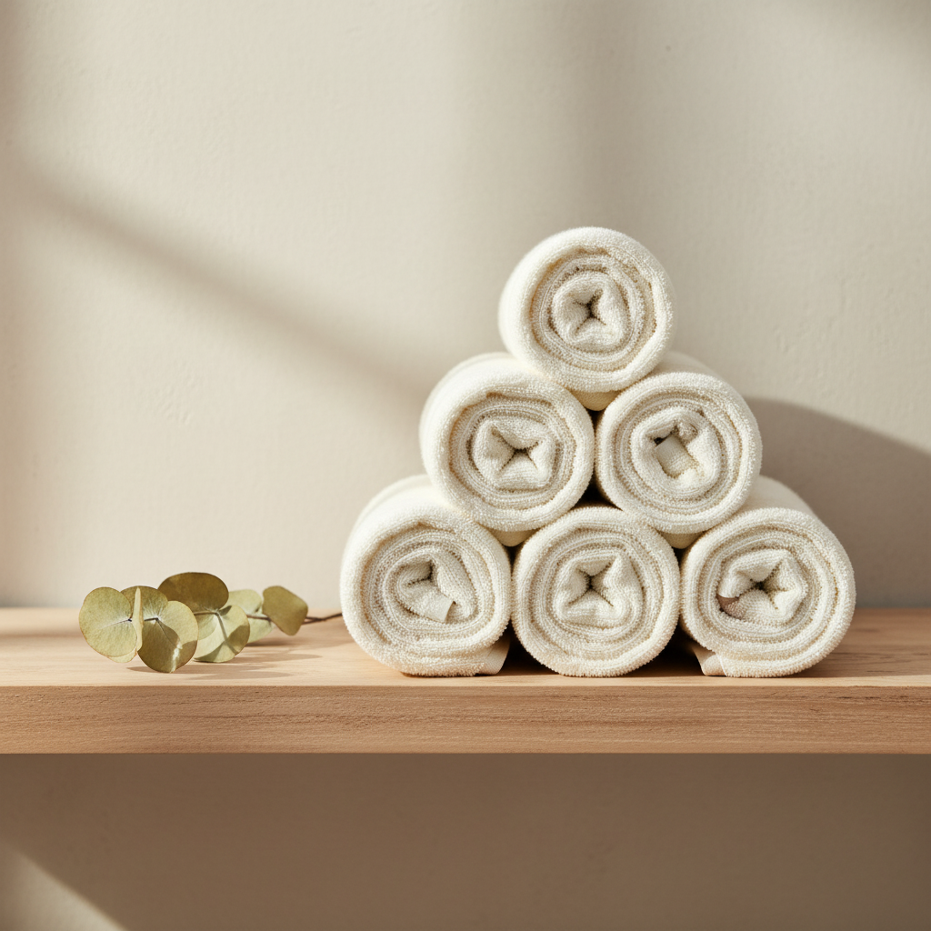 Cream towel set rolled on wooden shelf Japandi bathroom