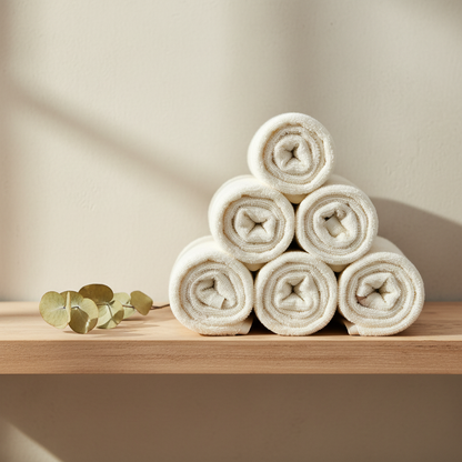 Cream towel set rolled on wooden shelf Japandi bathroom