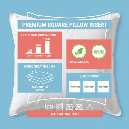 Pillow insert product infographic size and features