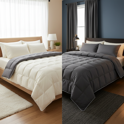 Split comparison cream vs charcoal duvet cover same bedroom