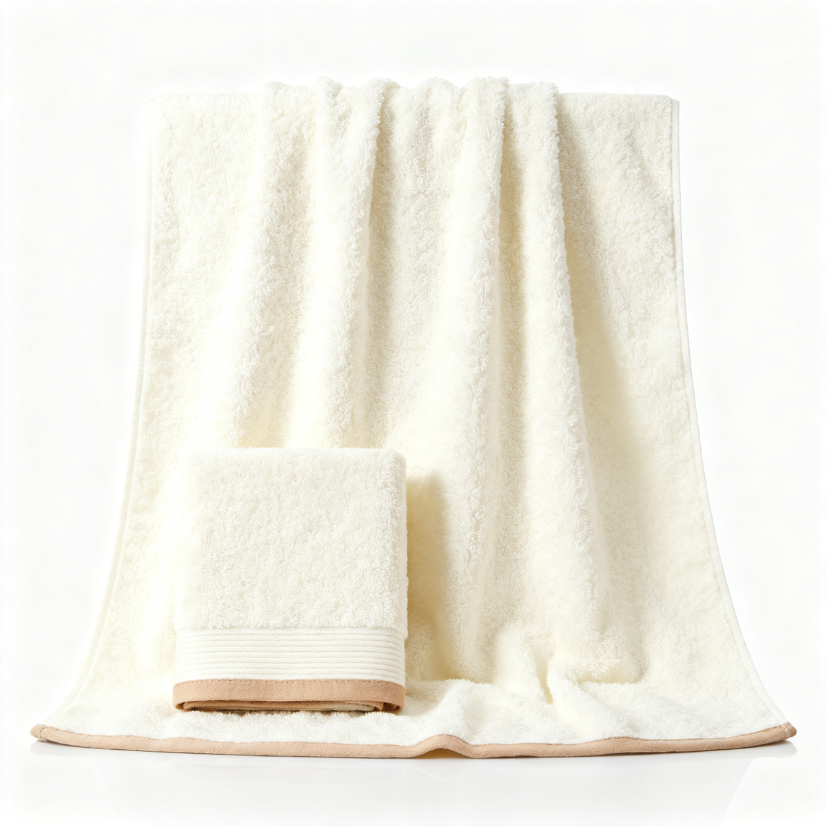 Cream cotton bath towel and face towel set white background