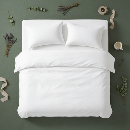 Flat lay sage green background white duvet set