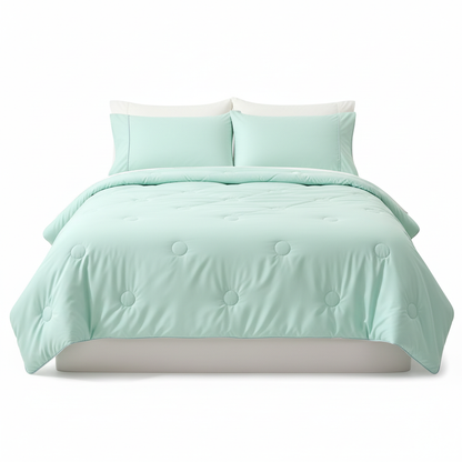 Mint green summer comforter white studio background clean product shot