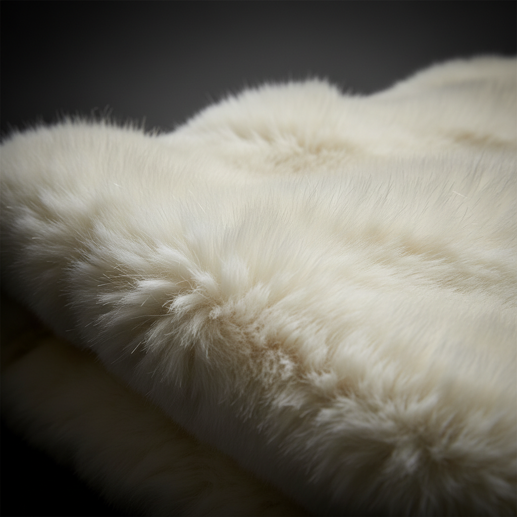 Macro close-up cream faux fur pile fibers dark moody background