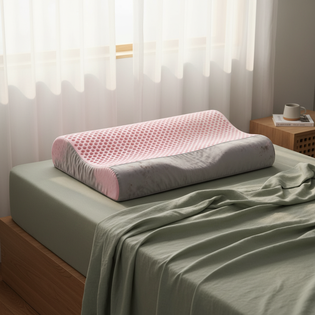 Ergonomic pillow on sage green bed morning light lifestyle