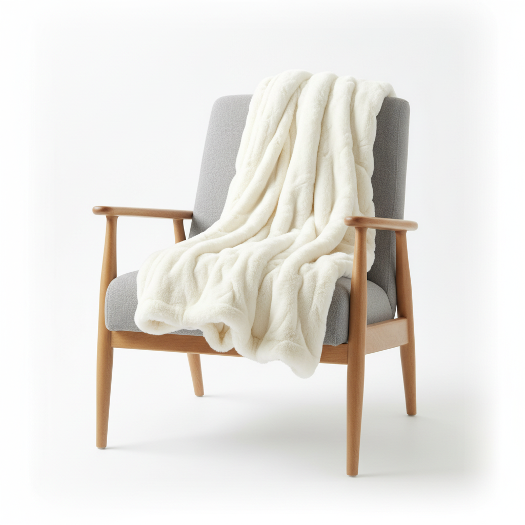 Cream faux fur blanket folded white background studio